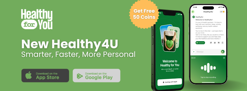 Healthy4U promotional graphic highlighting new app features: smarter, faster, and more personalized health solutions powered by multi-agent AI technology. Includes visuals of app screens with food scanning, chat assistant, and a prominent ‘Get Free 50 Coins’ badge. App Store
